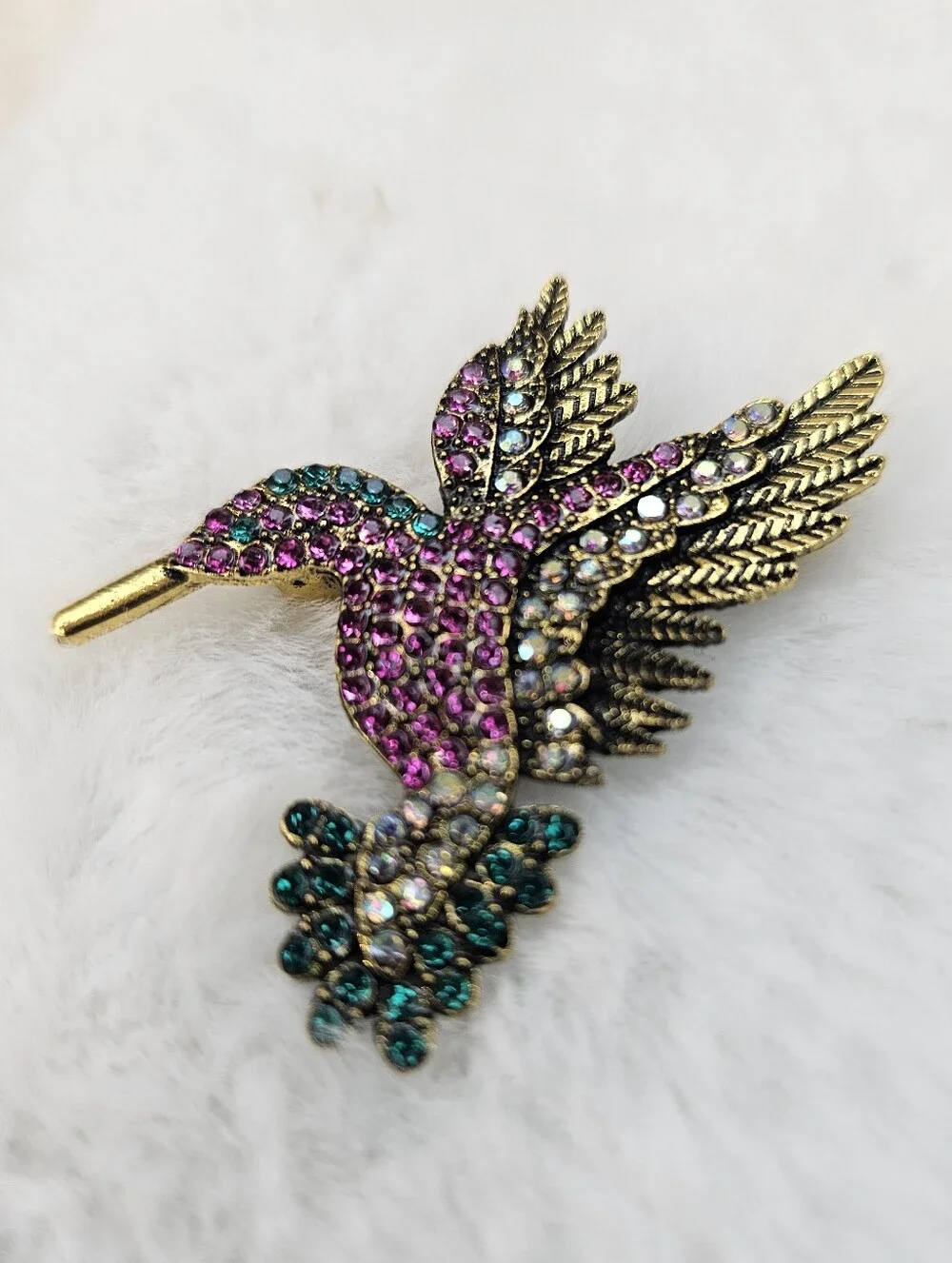 Crystal Hummingbird Brooch in Pink, Teal & Gold